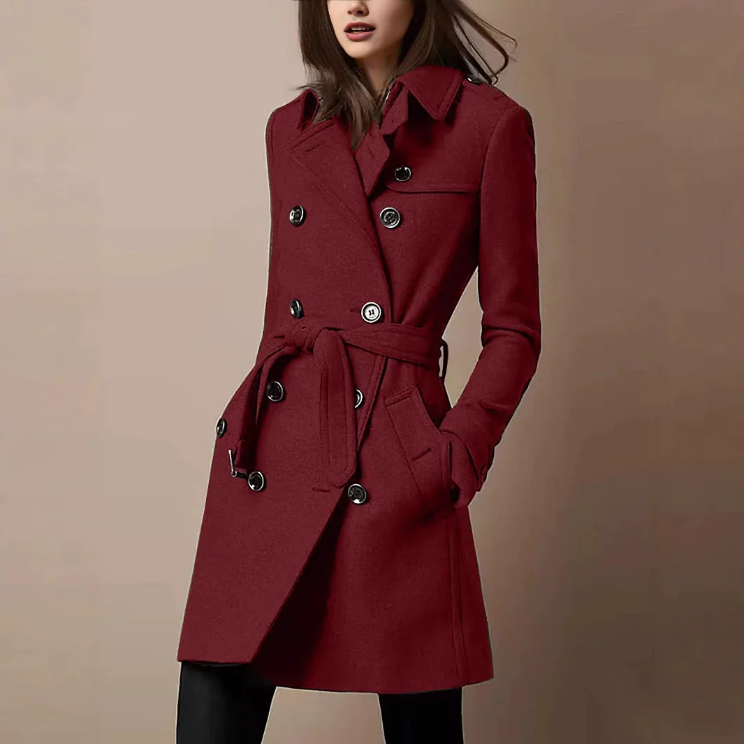 Women’s Coat – Slim Fit – Double-Breasted – Belted Waist – Mid-Thigh Length - Image 2