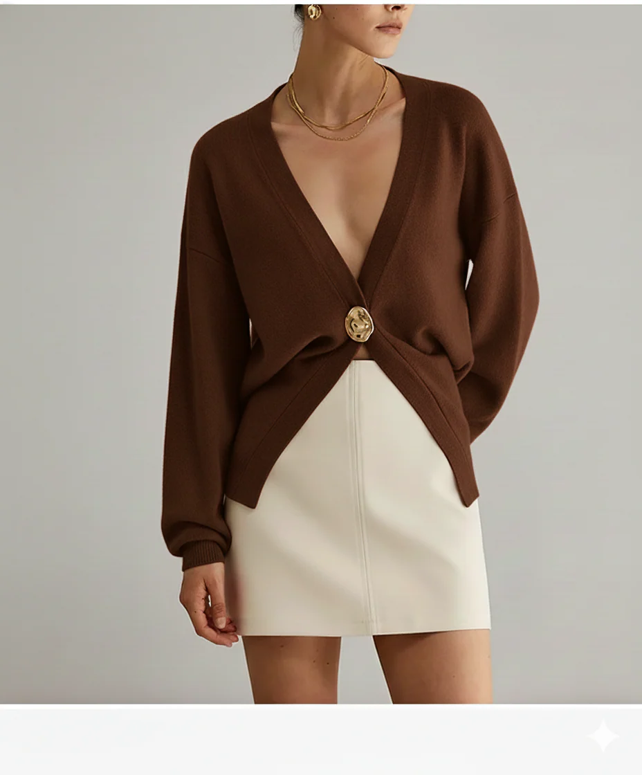 Women's Sweater - Deep V-Neck Cardigan - Gold Button - Elegant Fit - Image 4