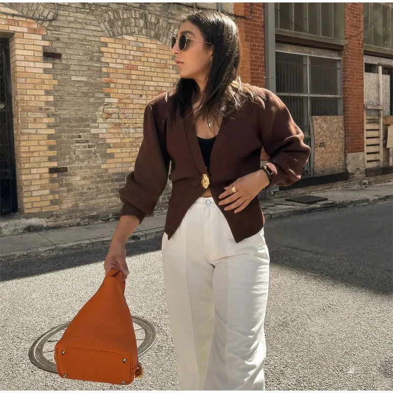 Women's Sweater - Deep V-Neck Cardigan - Gold Button - Elegant Fit - Image 6