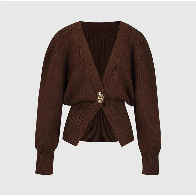 Women's Sweater - Deep V-Neck Cardigan - Gold Button - Elegant Fit - Image 7