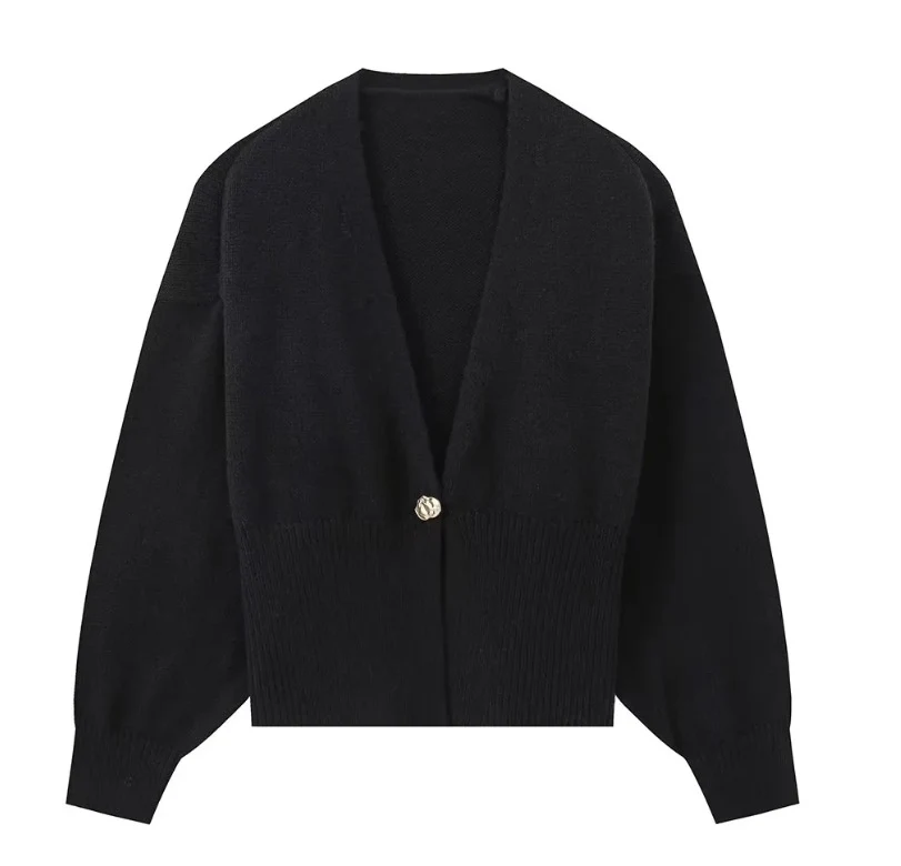 Women's Sweater - Deep V-Neck Cardigan - Gold Button - Elegant Fit - Image 9